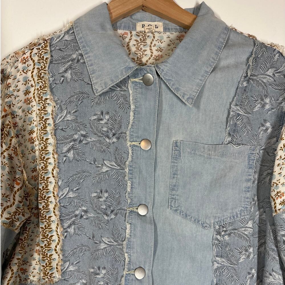 POL Patchwork Exposed Seam Button Up Top Chambray Floral Long Sleeve Boho Sz S - Picture 2 of 14